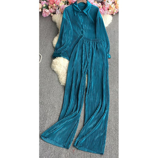 Pleated long sleeve blouse & loose pants set
