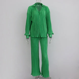 Pleated Long Sleeve Blouse & Loose Pants Set