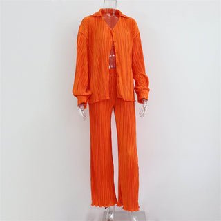 Pleated Long Sleeve Blouse & Loose Pants Set