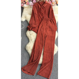Pleated long sleeve blouse & loose pants set