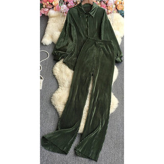 Pleated long sleeve blouse & loose pants set