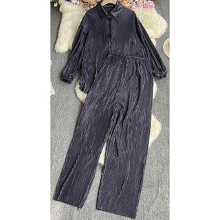 Pleated long sleeve blouse & loose pants set