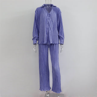 Pleated Long Sleeve Blouse & Loose Pants Set