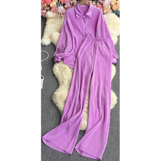 Pleated long sleeve blouse & loose pants set