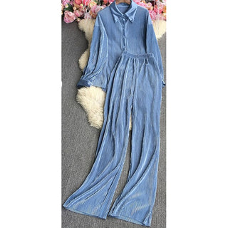 Pleated long sleeve blouse & loose pants set