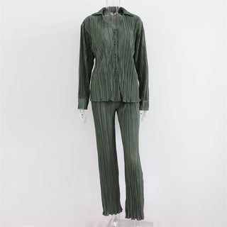 Pleated Long Sleeve Blouse & Loose Pants Set