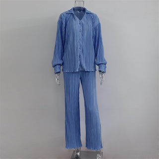 Pleated Long Sleeve Blouse & Loose Pants Set
