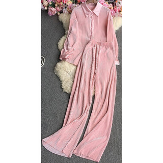 Pleated long sleeve blouse & loose pants set