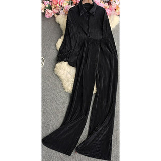 Pleated long sleeve blouse & loose pants set