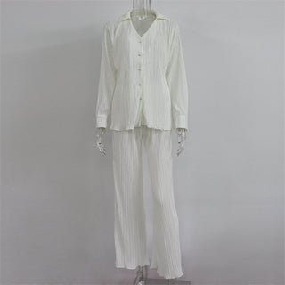 Pleated Long Sleeve Blouse & Loose Pants Set