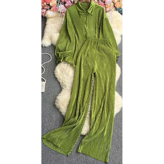 Pleated long sleeve blouse & loose pants set