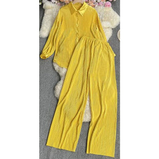 Pleated long sleeve blouse & loose pants set