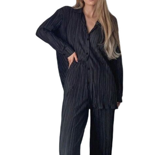 Pleated Long Sleeve Blouse & Loose Pants Set