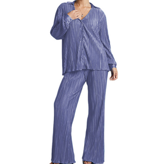 Pleated Long Sleeve Blouse & Loose Pants Set