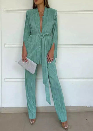 Pleated Split Sleeved Cardigan & Loose Pants Set