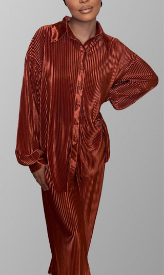 Pleated long sleeve blouse & loose pants set