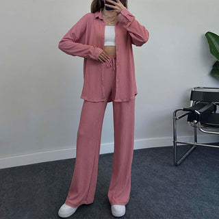 Long-sleeved Shirt and Wide-leg Trousers