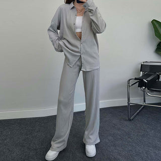 Long-sleeved Shirt and Wide-leg Trousers